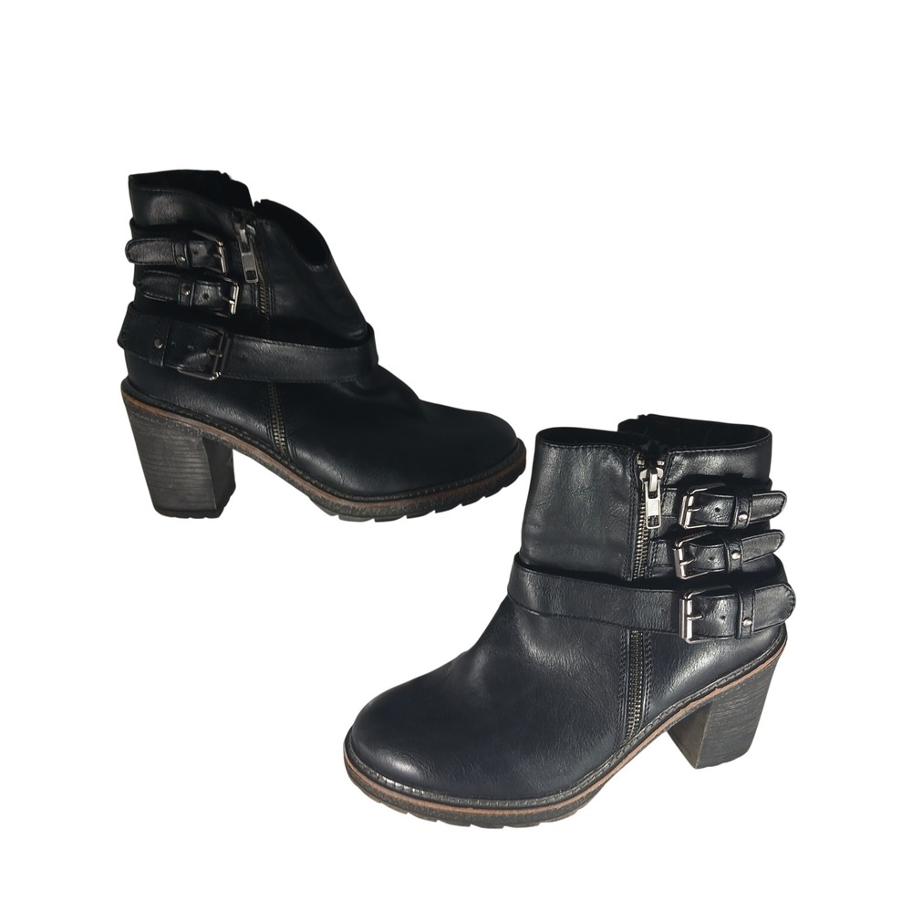 White Mountain Jojo Ankle Boots 7.5 Black Moto Buckle Block Heel W18925Z